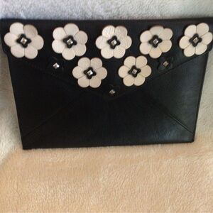 REBECCA MINKOFF BLACK ENVELOPE Floral Clutch SILVER,GOLD&PEARL FLOWER ACCENTS